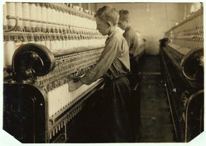 Doffers replacing full bobbins at Indian Orchard Cotton Mill, Massachusetts