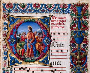 Piccolomini Library: choir book, cod. 21.6, ff. 2r with Casting out of an unclean spirit (detail) by Liberale da Verona