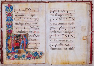 Piccolomini Library: choir book, cod. 22.7, ff. 22v-23r with “Christ before Pilate”