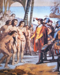 Christopher Columbus lands in the New World in 1492 and is greeted by Taino Indians