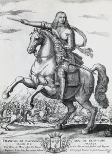 Equestrian Portrait of Francis of Bourbon-Vendome (1616-1669), Second Duke of Beaufort and French General, Engraving by Nicolas de La Fage