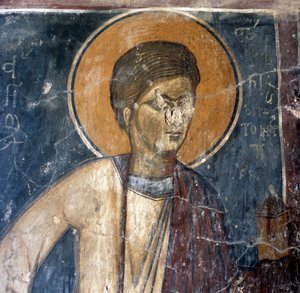 Fresco of Saint in Byzantine Church of Agios Georgios Xifoforos, Apodoulou, Crete, Greece
