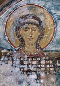 Fresco with Saint in Byzantine Church of Agios Georgios, Vathi, Crete, Greece