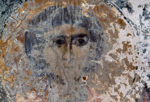 Male Figure, Damaged Fresco in Church of Metamorphosis Sotiros, Voutas, Crete, Greece