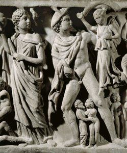 Marble sarcophagus, Relief depicting Prometheus myth, Detail, Hermes and one of the Fates, From Arles by Unbekannt Unbekannt