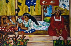 Polynesian women, stained glass window, Moorea Island, Society Islands, French Polynesia