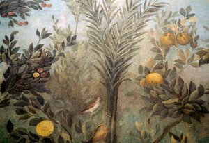 Pomegranate tree, detail from a fresco depicting a garden with fruit trees and birds, from the House of Livia on Palatine hill, Rome, Italy. Roman civilization