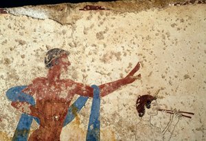 Procession with athlete, detail, fresco from Tomb of Diver, Paestum, Campania, Italy, Ancient Greek civilization, Magna Graecia, 3rd century BC by Unbekannt Unbekannt
