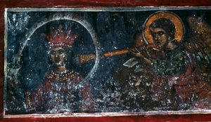 Saint playing the horn, fresco in the Church of Agios Ioannis Prodromos, Margarites, Crete, Greece by Unbekannt Unbekannt