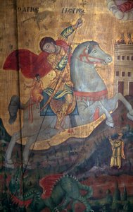 St George and Dragon (Detail), Wood Panel in Church of Agia Paraskevi, Anisaraki, Crete, Greece