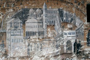 View of monastery, fresco in Ikosifinissis monastery, near Serres, Greece