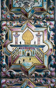 View of mosque, polychrome tile decorations in Tekyeh Mo