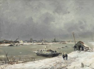 A Ferry Crossing Near Wijk bij Duurstede in Winter