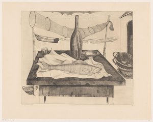 Still Life with Fish, Bottle, and Fishing Net by Lodewijk Schelfhout (signed by artist)