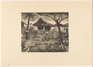 Two Men Carrying a Man in a Garden