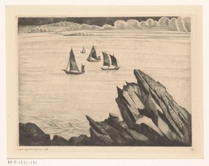 Sailing ships off the Breton coast (An evening in Brittany) by Lodewijk Schelfhout (signed by artist)