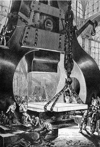 Drawing by Leon Benett, from the book of Jules Verne "The 500 million of the Begum" - edition Hetzel/Extraordinary Voyages 1879. Hammer drummer at work in a steel foundry. by Léon Benett