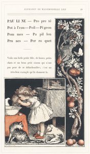 Pauline, Clean, Water Pot, Hair, Pigeon, Apples, Butterfly, Plums, Parrot, Page 29 - Alphabet by Mademoiselle Lili, by L. Froelich and by a Dad (Hetzel Himself). Bibliotheque & Magasin d