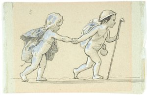 Vignette with Walking Boy and Girl Holding Hands by Lorenz Frølich