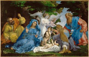 The Holy Family with Three Angels, Young Saint John by Lorenzo (workshop of) Lotto