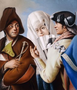 A Gentleman in a Phrygian Bonnet being addressed by a Gentleman in a yellow coat and black tricorn Hat with a Lady in a blue brocade Dress and white Mantilla