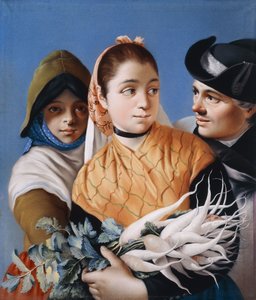A Girl in an Orange Shawl holding Turnips, A Girl in a green Bonnet and Dress and a Gentleman in black Tricorn Hat