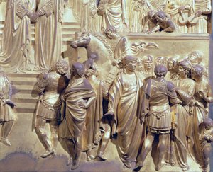 The Meeting of King Solomon and the Queen of Sheba, detail of the attendants, from the original panel from the East Doors of the Baptistery, 1425-52 (post restoration)