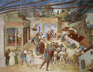 St Barbara being led through streets of city (detail)