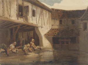 Women Washing in an Open Hall of a Housing Complex by the Water
