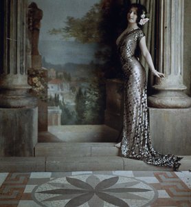 Semi-nude Woman in Diamond-pattern Silver Gown in Classical Interior