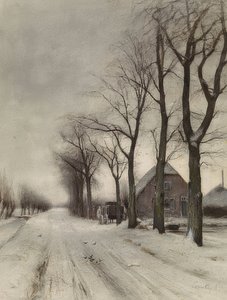 Winter Landscape with Farmhouse on an Avenue by Louis Apol