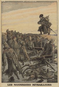 Russian soldier discovering a German trench with machine guns manned by dummy soldiers; World War I by Louis Charles (after) Bombled
