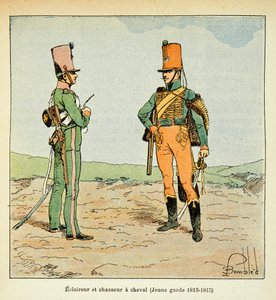 Illustration of Bombled Louis (1862-1927) from the book "The Memorial of Saint Helene" by Count Emmanuel de Las Cases (1766-1842): Armee Francaise: Scout and hunter of the young guard 1813 - 1815, Private collection