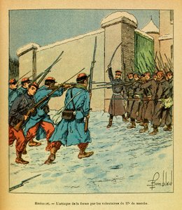 January 1871, Hericourt, the French volunteers of the 57th march assault a farm