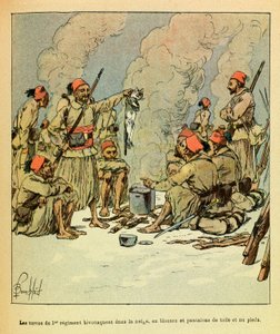 January 1871, the Turcos of the 1st regiment bivouac in the snow, in blouses and trousers of canvas and bare feet