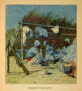 The War in Madagascar-Anecdotal History of the French Expeditions of 1885-1895 by Henri Galli dit Galllichet (1854-1922), illustrated by Louis Bombled (1862-1927): Camp of Algerians in Madagascar in 1895, Private Collection