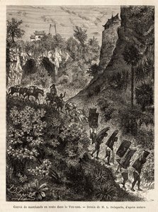 A convoy of merchants and their porters en route to Yunnan (China), engraved after the drawing of L.Delaporte, to illustrate the voyage of exploration in Indochina by Francis Garnier, lieutenant of ship, in 1866-1868, published in “Le tour du monde” 1874, 