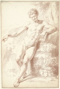 Male Nude, Standing, Leaning on Left Arm