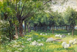 Sheep in an Orchard at Springtime