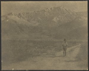 Woman Walking on Path Towards Mountains