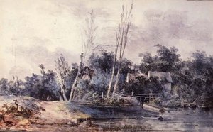 Cottages and willow by a stream with figures