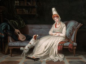 Portrait of Elizabeth, Lady Webster, later Lady Holland, in a white dress with her spaniel Pierrot