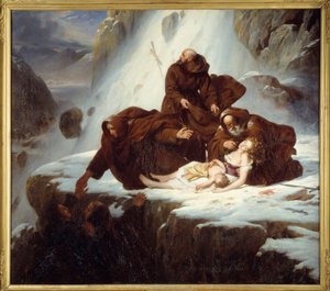 The Religious at the hospice of Saint Gotthard giving relief to families affected by the brigands by Louis Hersent