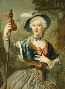 Portrait of a Lady, Three-Quarter Length, Dressed as a Pilgrim, and Wearing a Blue Lined Straw Hat and Feather, 1747 by Louis Jean François Lagrenée