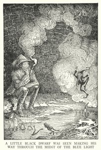 A little black dwarf was seen making his way through the midst of the blue light by Louis John Rhead