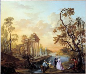 Tribute to Love: Romantic Scene in a Landscape of Ancient Ruins at Dusk