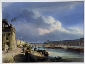 View of the Pont du Carrousel and the Grand Galerie du Louvre - in Paris en 1837 by Arnout