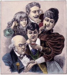 Representation of the five senses (touch, hearing, smell, taste and sight) by Louis leopold Bailly. Engraving from 1894