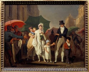 The downpour. Parisians bourgeois dressed in First Empire fashion protecting themselves from the rain by Louis Leopold Boilly