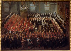 Bed of Justice held by Louis XV (1710-1774) in the Grand Chamber of the Parliament of Paris to break the will of Louis XIV (1638-1715)